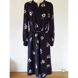 Sort 70'er kjole m. lilla blomster-L/XL